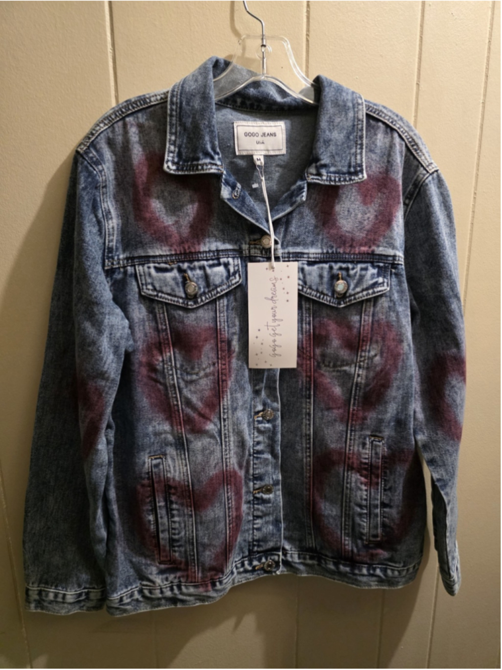 New Denim Jean Jacket HEART Boho Hippie Grunge Size MEDIUM